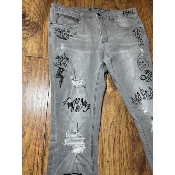 Ninth Hall Rogue Tapered Skinny Jeans Gray Smoke Print Distressed Streetwear 38 - Picture 8 of 12